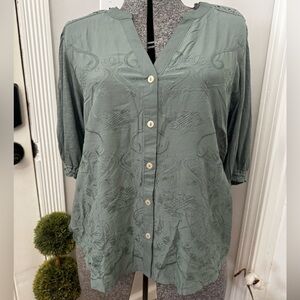 Democracy Sage Green Embroidered Blouse NWT